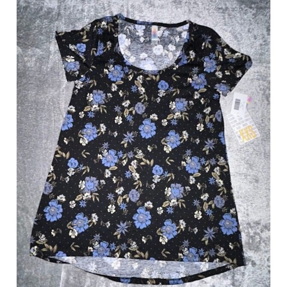 LuLaRoe Perfect Tee XXS Black Blue Floral Polka Dot High Low Short Sleeve Tunic